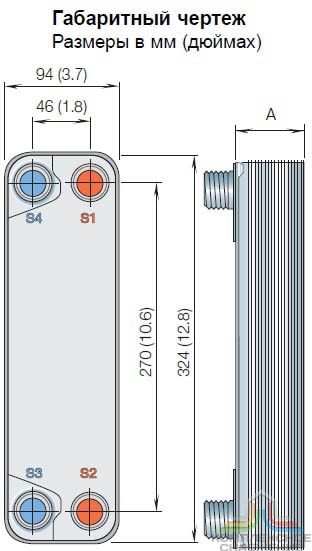Габаритный чертеж паяного теплообменника Alfa Laval CB20