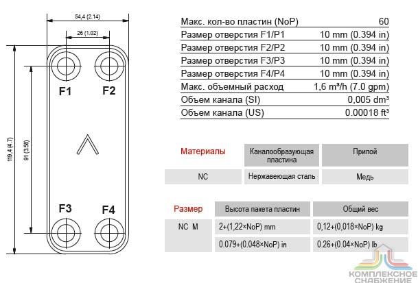 Габаритный чертёж и параметры паяного пластинчатого теплообменника SWEP B3